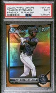 2022 Bowman Chrome🔥Gold🔥43/50🔥 1st🔥Yanquiel Fernandez🔥Rockies🔥PSA 9