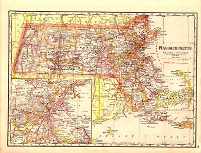 Antiguo mapa de Massachusetts de 1925 - líneas eléctricas, ferrocarriles y carreteras, doble cara Foto 1 de 2