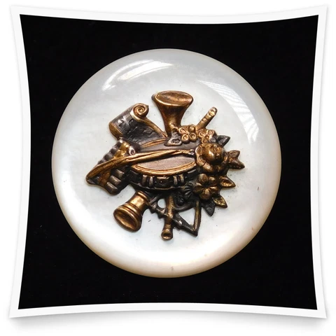 Antique Vtg BUTTON White Pearl Shell w Musical Instruments  NICE #J1 Cover