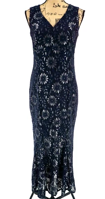 Maxi Vestido Enfocus Studio Mujer 6 Azul Oscuro Dorado Sin Mangas Encaje Noche Fiesta Foto 1 de 4