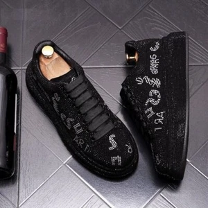 New Men Charm Rhinestones Thick Bottom Casual Vulcanization Sneakers Black Shoes - Picture 1 of 21