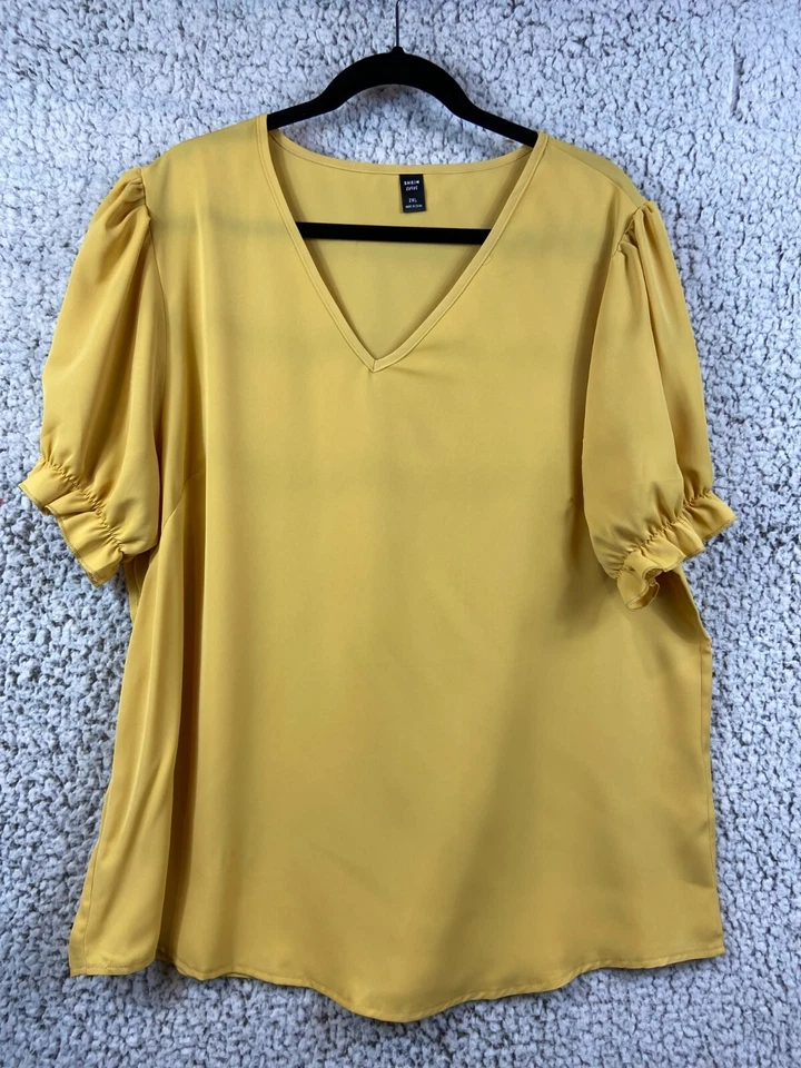 Blusa fluida manga corta plisada cuello en V amarillo dorado para mujer talla 2XL Foto 1 de 4