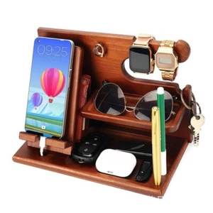 Wooden Docking Station Desktop Mobile Phone Holder Bedside Table Organiser - Picture 1 of 7