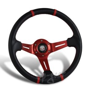 350MM Deep Dish Drift Style Red Stitch Carbon PVC Leather 6 Hole Steering Wheel