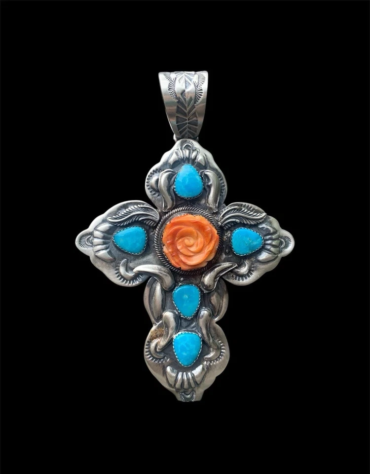 Sterling Turquoise Cross Pendant Native Made Spiny Oyster Navajo Jewelry 925 - image 1 of 4