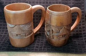 2 Hawaii Tiki Hut Palme geschnitzte Holz Holzbecher - Bild 1 von 15
