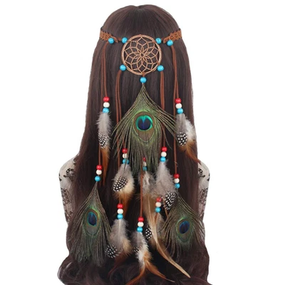 Faixa de cabeça de penas hippie indiana boha faixas de cabelo borla boêmio Halloween cabelo Ho - Imagem 1 de 4