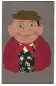 Filz-AK Mann in roter Jacke und blauen Augen, Kleidung aus Filz - Bild 1 von 2