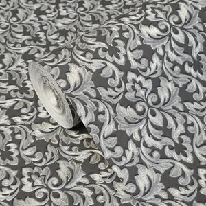 Victorian charcoal matt black silver metallic vintage damask textured Wallpaper - Picture 1 of 12