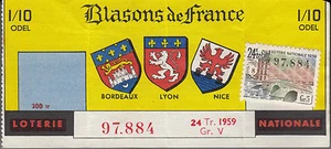 BILLET LOTERIE NATIONALE "BLASONS DE FRANCE 1959" - Picture 1 of 1