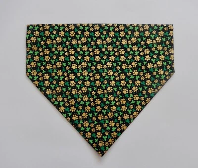 ST. PATRICK'S DAY TINY GOLD PAWS & SHAMROCKS ON BLACK DOG SCARF/BANDANA--S, M, L - Image 1 of 3