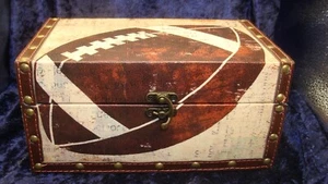 PERFECT BOYS KEEPSAKE BOX ~Football Theme Leather Trim~Well Made~VGC~9.25”x5.75” - Picture 1 of 6