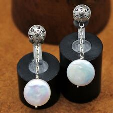 QVC BJ Signed "White Cultured Coin Pearl" Dangle Earrings Sterling Silver 1 1/2"