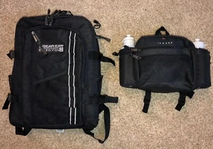 Ingear Backpack Many Pockets & Fanny Pack Bag w 2 Water Bottles Black Nylon - Picture 1 of 10