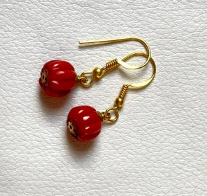 Natural Italian Red Coral Melon Shape Beads Brass Drop Earrings - Picture 1 of 5