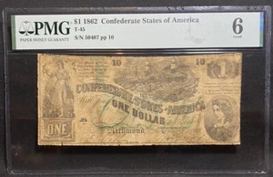 T-45 $1 1862 Confederate States Banknote Civil War Confederacy Money PMG, SCARCE - Picture 1 of 3