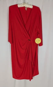 Emma & Michele Dress 2X Women's Red Vneck Drape Faux Wrap 3/4 Sleeves Night Out - Picture 1 of 9