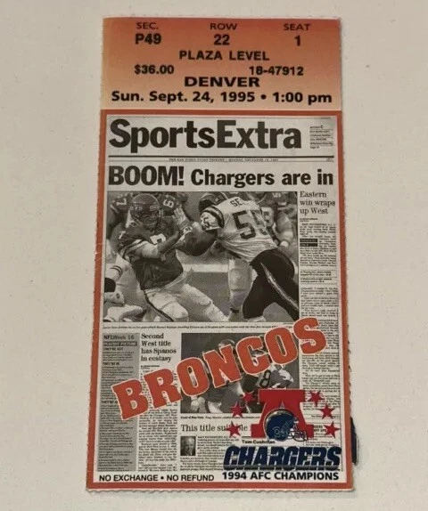 Broncos Chargers NFL Season Ticket Stub NFL Natrone Means x2 TDs John Elway 1995 - Image 1 of 2