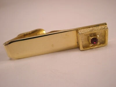 1-5/16" Red Rhinestone Gold Tone Plain Simple SMALL Vintage Tie Bar Clip - Image 1 of 4