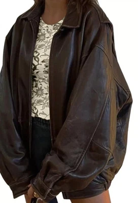 Women's Handmade Oversized Outwear Real Leather Vintage Brown Bomber Jacket - Image 1 of 4