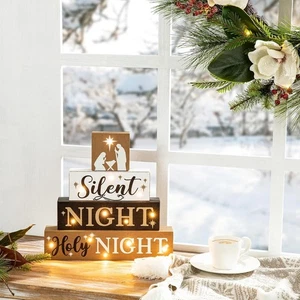 Glitzhome 12" beleuchtete Krippe Holzschild Stille Nacht Heilige Nacht Deko (2-3) - Bild 1 von 4