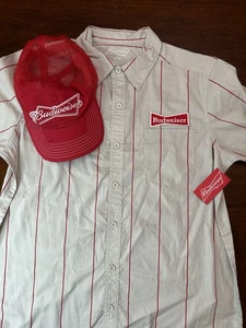 Budweiser Bier Herren Hemd L 42/44 Nadelstreifen Knopfleiste bestickt Neu mit Etikett + Mütze, Posten - Bild 1 von 13