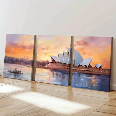 3pcs Sydney Opera House Sunset Glow Art Paint Wall Art Canvas  Unframed/Framed - Image 1 of 4