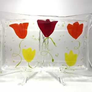 Fused Art Glas Tablett Sommer Klarglas mit Frühlingsblumen Tulpen rechteckig - Bild 1 von 5
