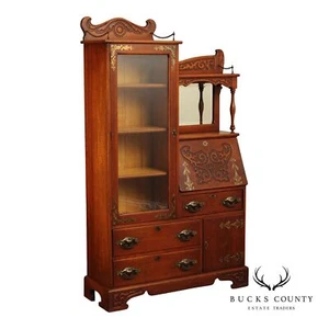 Antique Victorian Carved Oak Side-by-Side Secretary Desk Bookcase - Picture 1 of 17