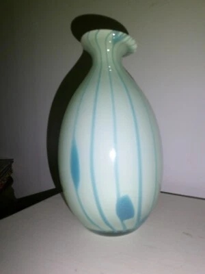 Green and Blue striped opaline glass vase- Abstract/Asymmetrical  - Image 1 of 3