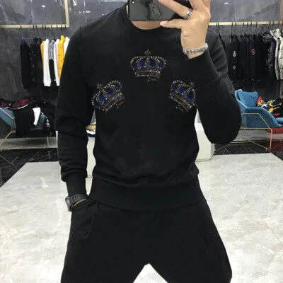 New Fashion Crown Rhinestones Winter Warm Hoodie Men Luxury Sweatshirt Pullover - Image 1 of 4