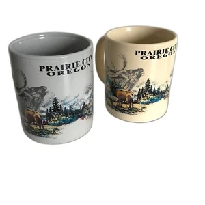 Vintage Mugs Coffee Cup Set 2 Prairie City Oregon Elk 10 oz Cream Gray His Hers - Picture 1 of 5