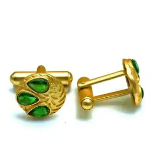 Green Quartz Gemstone Handmade Man"s Copper Plated Cufflinks Jewelry CF 1038 - Picture 1 of 1