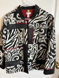 Chicos New W/O Tags Black & White Jacket With Sparkle & Pockets Red Lining 2 M L - Picture 1 of 7