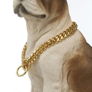 Steel Collar Durable Golden Chain Pet Dog Necklace Cuban Chain Dog Collar - Picture 1 of 15
