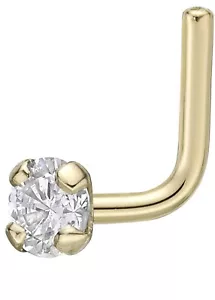 L Shape Nose Ring 22G 1.5mm-3mm Round Genuine Diamond 14K Yellow Gold - Picture 1 of 3