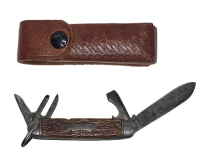 Navaja de bolsillo vintage Camillus de tres hojas con estuche Gerber funda de cuero marrón  Foto 1 de 4