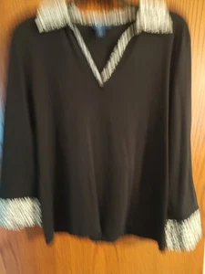 Karen Scott Large Black Animal Print V Neck 3/4 Or Long Sleeve Cotton Knit Top - Picture 1 of 4