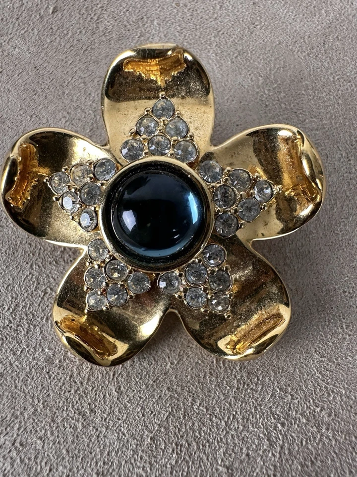 Broche Flor Napier Vintage Tono Dorado Azul Cabujón Estrás Prendedor Venta Inmobiliaria Foto 1 de 4