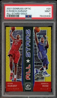 2021-22 Donruss Optic KEVIN DURANT DERRICK ROSE All Stars Gold Prizm /10 PSA 9 - Image 1 of 2