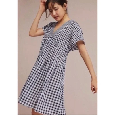 Anthropologie Navy Gingham Tiered V Neck Midi Dress Size M - Image 1 of 4