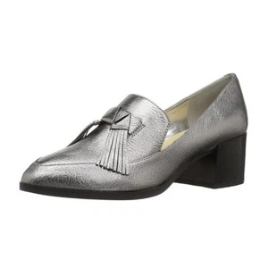 Marc Fisher Pewter Leather Phylicia Tassel Loafer Block Heel Shoes size 9 - Picture 1 of 9
