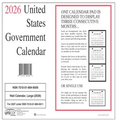 Unicor 2026 Fed Wall Calendar, Qty=1, Individual, Single, Displays 3 Months - Image 1 of 2