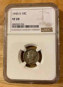 1945 S Mercury Dime, NGC Graded: Very Fine 20 - Picture 1 of 2