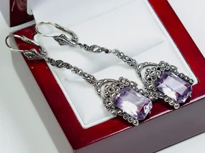 Silber/ Gold - antike Jugendstil Ohrringe - 9.00 ct Amethyste und Markasite - Bild 1 von 10