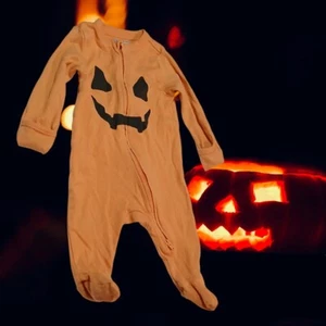  Vecchio Pigiama Zucca Navy Taglia 0-3 Mesi Ragazzo Ragazza Halloween Arancione Cerniera - Foto 1 di 10