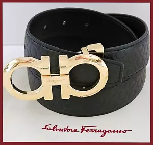 Cintura uomo Ferragamo in pelle nera TG 90-95-100-105 fibbia oro - Foto 1 di 6