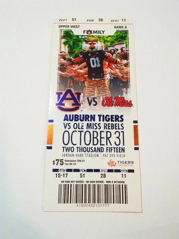 2015 Auburn Tigers Mississippi Ole Miss Football Ticket Stub Cover
