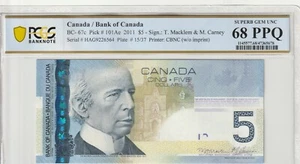 Canada 2011 5 Dollars Certified PCGS Banknote UNC 68 PPQ Pick BC-67c - Picture 1 of 2
