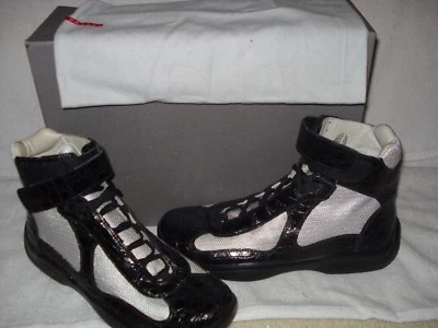 100% AUTH NEW MEN PRADA BLACK CROCODILE AMERICA CUP HIGH TOP SNEAKERS 8/US 9 - Image 1 of 4